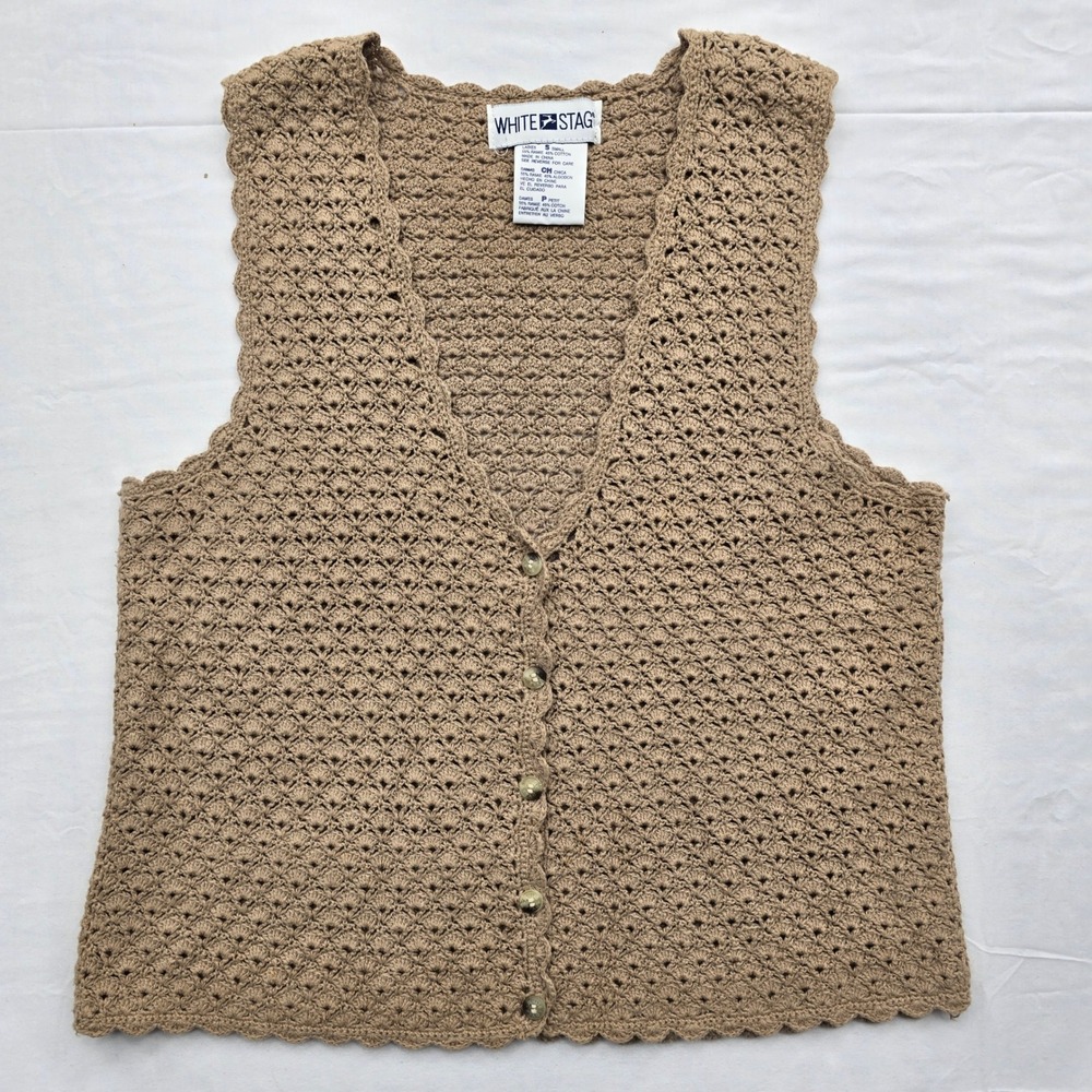 Womens S Crochet Knit Vest Tan Button Front Y2K Grannycore Boho Cottagecore
